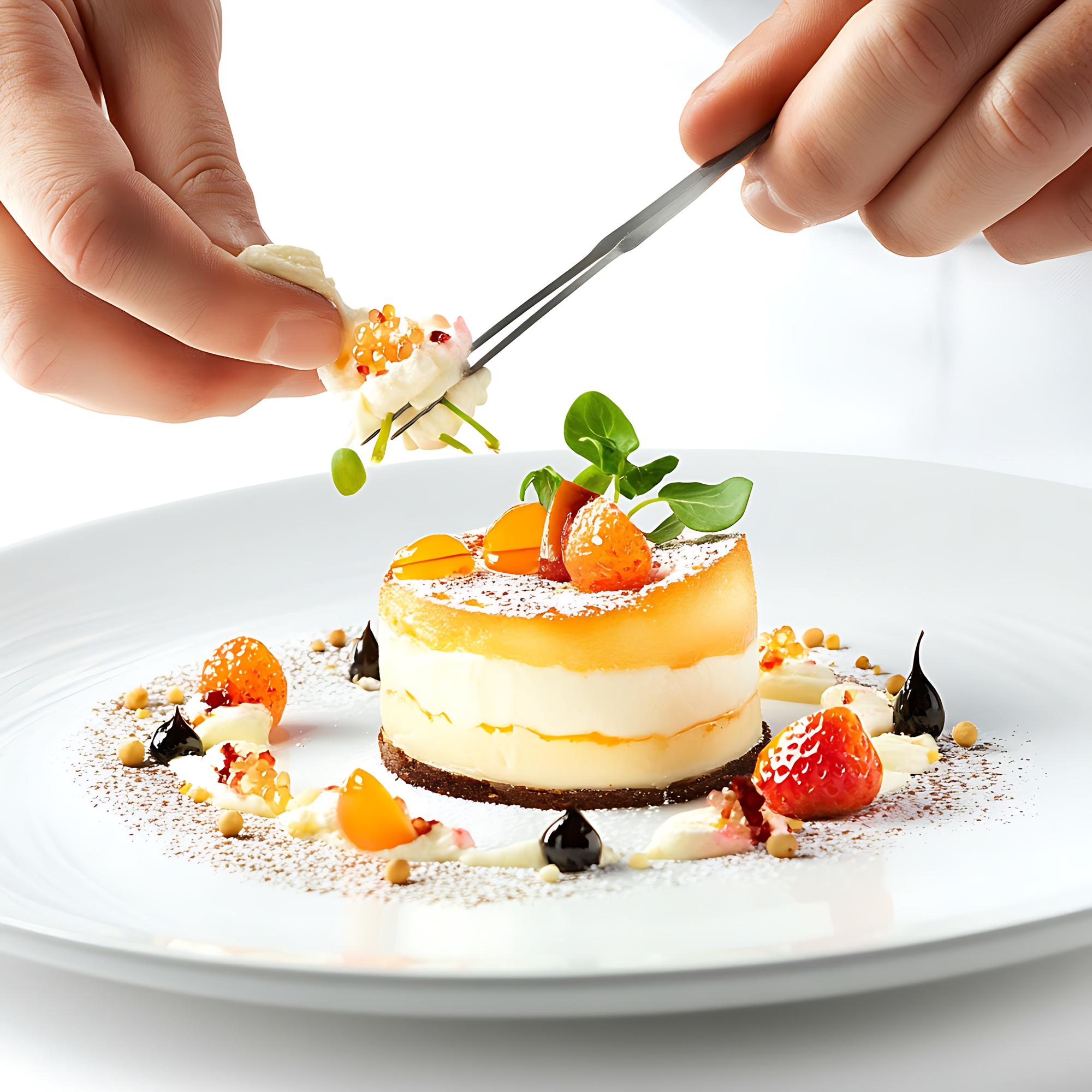Asymmetric layout of plated dessert and hands finishing garnish